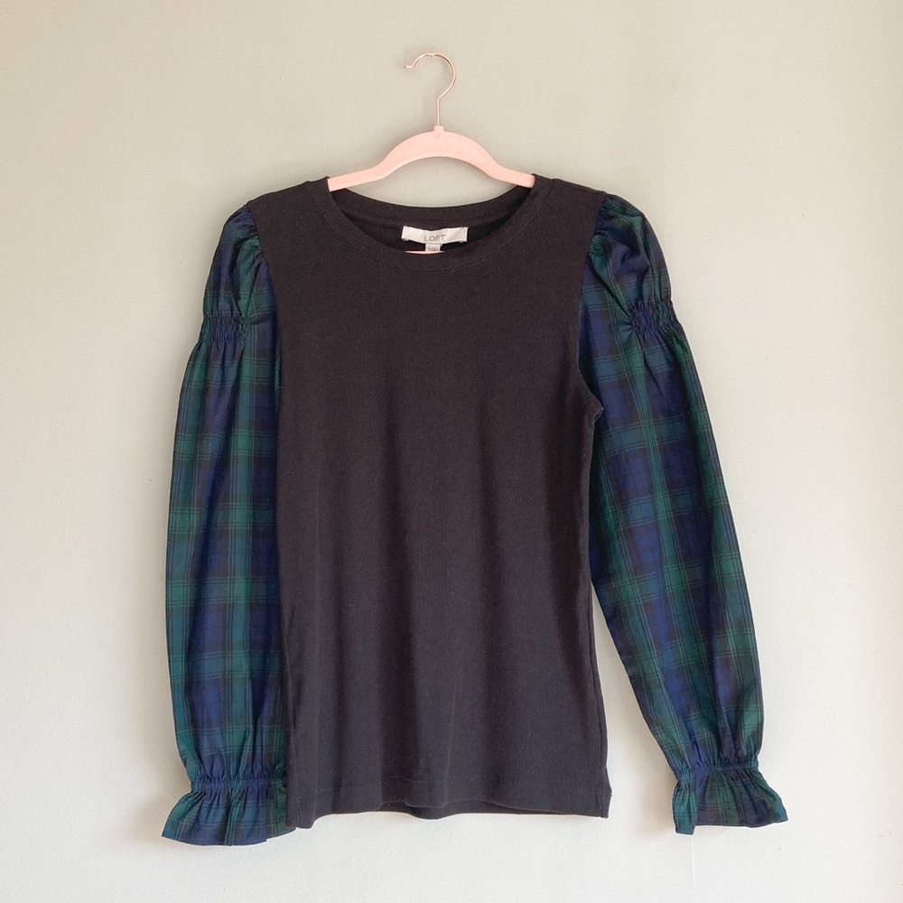LOFT Plaid Long Puff Sleeve Top